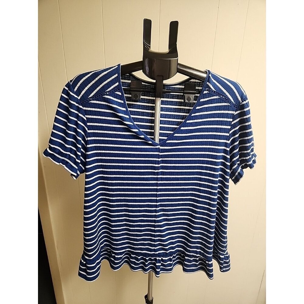 Women's Lee Xl Blue & White Striped Shirt Top Short Sleeve Casual